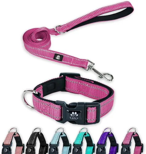 Miniatura 13 de FURRYFECTION Juego de collar y correa reflectante para perro con hebilla de liberación rápida, acolchado con collar de nailon ajustable de neopreno