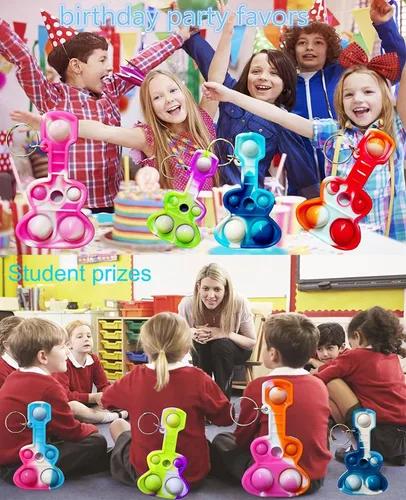 Miniatura 7 de Paquete de 20 llaveros de burbujas para ansiedad con diseño de arco iris a granel, música y guitarra pop, regalo para Pascua, niños y niñas, regalos