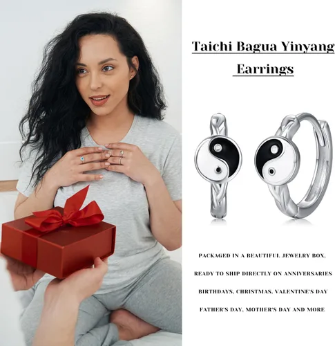 Miniatura 7 de Yin Yang - Aretes de plata de ley 925, aretes de aro de Yin Yang Huggie de Yin Yang, joyería de regalo para hombres y mujeres, Plata de ley, plata