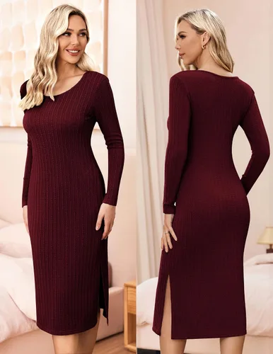 Miniatura 3 de Ekouaer Maternity Dress Rib Knit Long Sleeve Side Slit Bodycon Dresses Pregnancy Baby Shower Clothes S-XXL