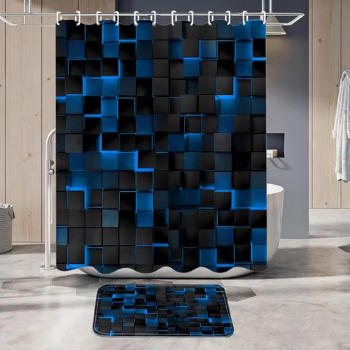 Miniatura 4 de LQCOOL Juego de 4 piezas de cortina de ducha azul con cubos 3D, juegos de baño, juego de cortina de ducha moderna para juegos de baño con alfombras