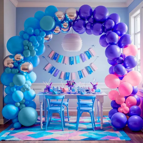 Miniatura 7 de Kit de Guirnalda de Arco de Globos Azul Morado, Globos Azul Rosa Morado Metálico Plateado para Cumpleaños de Niños Fiesta Tropical Hawaiana