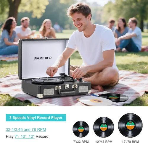 Miniatura 4 de Tocadiscos portátil con plato giratorio de 3 velocidades, conectividad Bluetooth, batería incorporada de 1800 mAh, diseño retro de maleta
