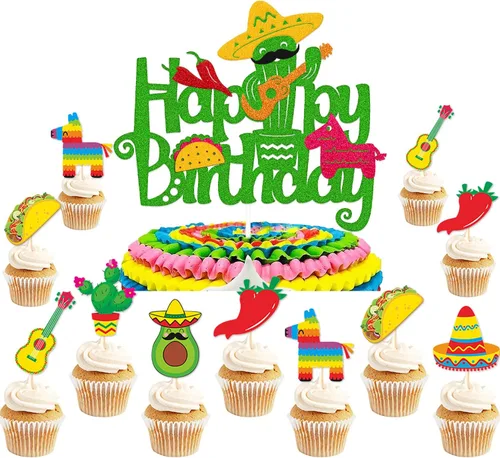 Decoración de pastel de fiesta para cupcakes, cactus mexicano, burro, maraca, sombrero, guitarra, taco, pimienta, decoración de pastel de feliz
