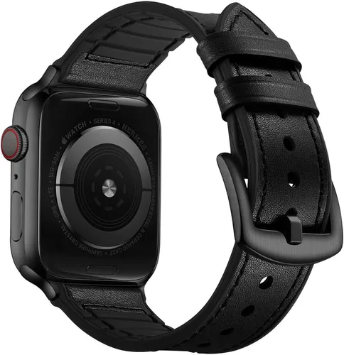 Miniatura 23 de OUHENG Correas de cuero compatibles con Apple Watch de 42mm 41mm 40mm 38mm, correa híbrida de cuero genuino y goma para iWatch Series 11 10 9 8 7 6