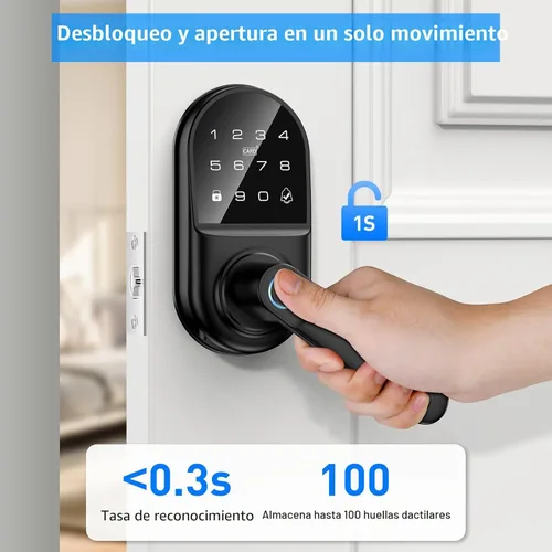 Miniatura 4 de Cerradura inteligente de puerta con teclado y asa, cerradura digital de entrada sin llave con huella dactilar con timbre incorporado para puerta