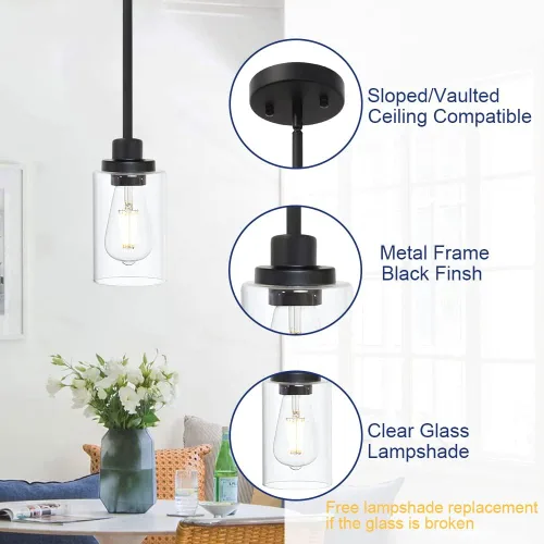 Miniatura 5 de TODOLUZ Lámparas colgantes industriales negras, iluminación colgante de cocina con pantalla cilíndrica de vidrio transparente para granja, comedor