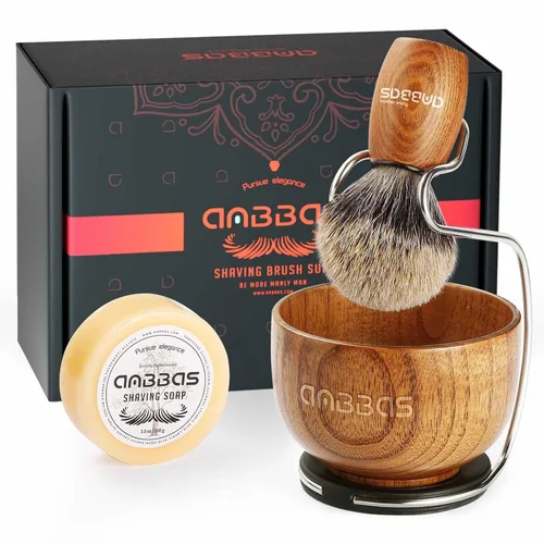 Miniatura 8 de Kit de afeitado Anbbas con brocha de cerdas de tejón puro, mango de madera negra y barra de jabón recargable de 100g, soporte de afeitado de acero