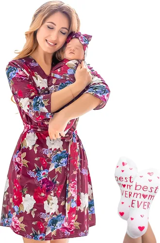 Miniatura 23 de ECO BABY - Conjunto de bata y manta para mamá y yo Bata de maternidad y conjunto de bebé a juego para niña, niño Parto hospitalario y parto