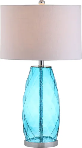 JONATHAN Y Lámpara de mesa marroquí de cristal azul de 26.5 pulgadas, moderna lámpara de noche facetada, pantalla de tambor de lino blanco, base