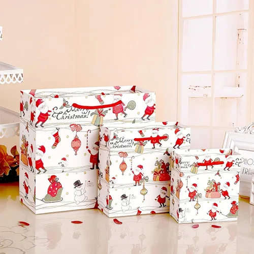 Miniatura 7 de SHIPKEY Paquete de 12 bolsas de regalo de Navidad, bolsas de papel navideñas de Papá Noel en 3 tamaños surtidos con papel de seda, bolsas Tamaños