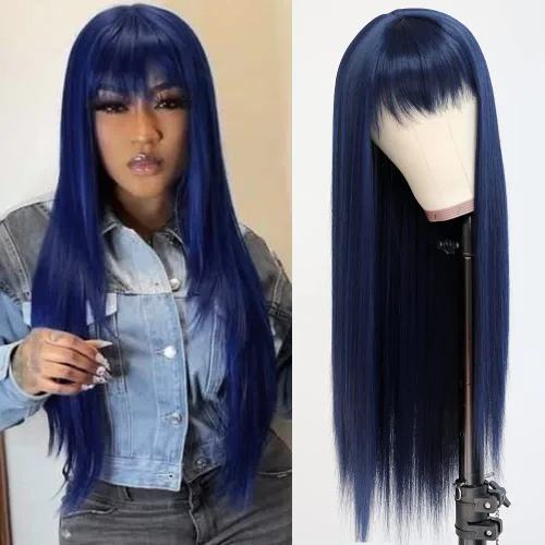 Miniatura 11 de QD-Tizer Pelucas sintéticas de color rubio ceniza con flequillo, pelucas de cabello largo y lacio, sin pegamento, pelucas sintéticas sin encaje