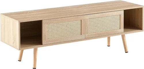 Miniatura 5 de Soporte de TV de ratán natural para TV de 60 pulgadas, centro de entretenimiento bohemio con almacenamiento, soporte de TV moderno de mediados