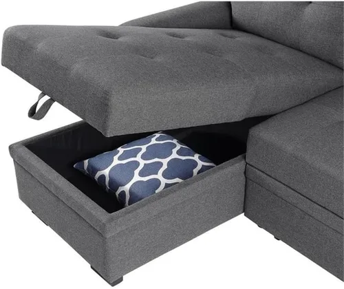 Miniatura 9 de BOWERY HILL Sofá cama modular reversible de lino gris acero con almacenamiento, tapicería de mezcla de algodón, cama extraíble, cojines copetudos