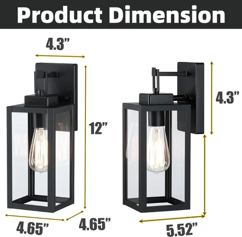 Miniatura 2 de Paquete de 2 apliques para exteriores, farol de pared de 12 pulgadas, aplique exterior pequeño de metal y vidrio, faroles negros para exteriores