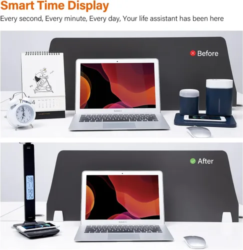 Miniatura 2 de Lámpara de escritorio LED con cargador inalámbrico, puerto de carga USB, lámpara de mesa con reloj, alarma, fecha, temperatura, lámparas de Negro