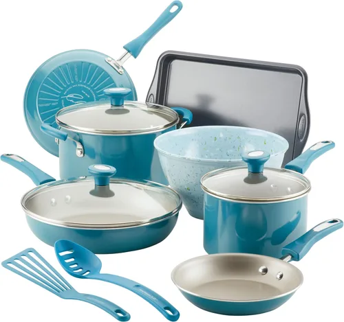 Rachael Ray Get Cooking! Juego de ollas y sartenes antiadherentes, incluye bandeja para hornear y herramientas de cocina, 12 piezas, turquesa