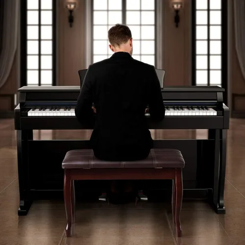 Miniatura 9 de GOFLAME Taburete de banco de piano con cojín acolchado y almacenamiento de música, asiento de piano resistente con asiento acolchado de piel Marrón