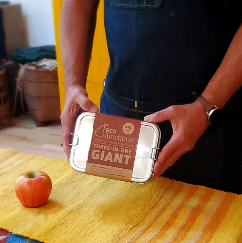Miniatura 4 de Ecolunchbox Caja Bento de acero inoxidable tres en uno, 2 niveles, contenedor para aperitivos, tamaño gigante, capacidad para 8 tazas de alimentos