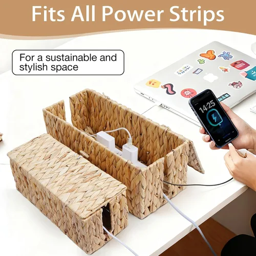 Miniatura 7 de Caja de organización de cables con tapas, organizador de cables de ratán tejido a mano con ranuras abiertas, caja organizadora de escritorio