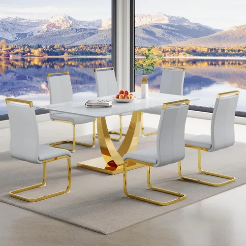 Miniatura 17 de Juego de mesa de comedor para 4, mesa de comedor de mármol sintético de 63 pulgadas con patas y base de acero inoxidable, sillas acolchadas