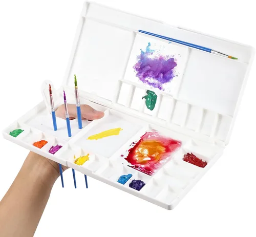 Miniatura 8 de Junreox Paleta de acuarela, paleta de acuarela grande con 24 pozos y 5 áreas de mezcla, paleta de pintura premium con tapa, bandeja de pintura