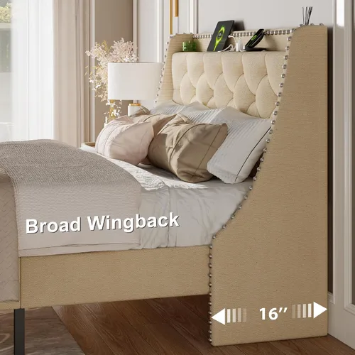 Miniatura 4 de Feonase - Base de cama tamaño completo con respaldo de alas de lujo y estación de carga rápida, base de cama tapizada con botones y cabecera