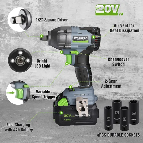 Miniatura 9 de WORKPRO Llave de impacto inalámbrica de 1/2 pulgada, pistola de impacto sin escobillas de 20 V, alto par de torsión de 370 pies (500 N.M)
