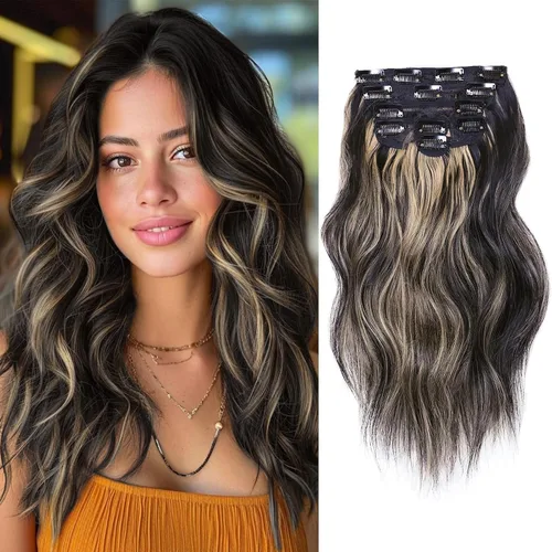 Miniatura 21 de NAYOO Extensiones de cabello con clip, de 20 pulgadas, largo, ondulado, rizado, rubio ceniza, extensiones de cabello sintético de cabeza completa