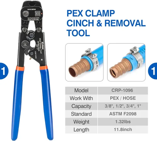 Miniatura 2 de Kit de herramientas de abrazadera PEX iCRIMP para abrazaderas PEX de 3/8", 1/2", 3/4", 1", sujeción y apriete de abrazaderas y extracción, incluye