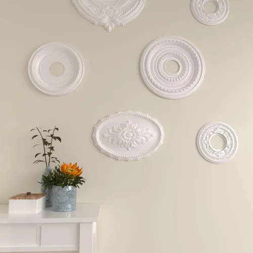 Miniatura 7 de Ekena Millwork CM16OX Medallón de techo Oxford, 16 7/8" W x 11 3/4" H x 1 1/2" P, imprimado en fábrica Imprimación de fábrica.