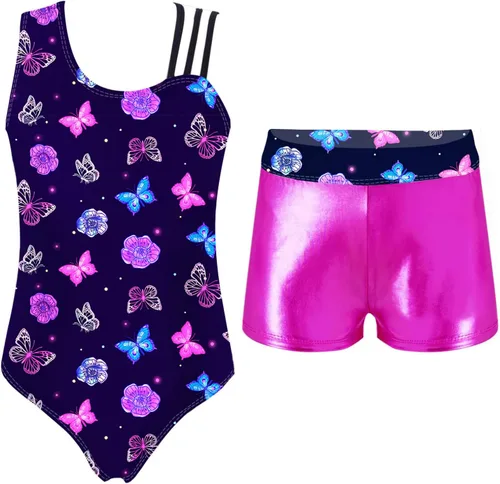 MSemis Traje de baile atlético brillante para niñas, mallas de gimnasia sin mangas con pantalones cortos con pantalón ciclista