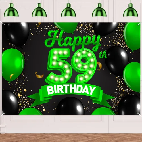 Miniatura 41 de Cartel de feliz cumpleaños 26 verde y negro, telón de fondo con texto en inglés "Cheers to 26 years old confeti", globos de confeti, decoración