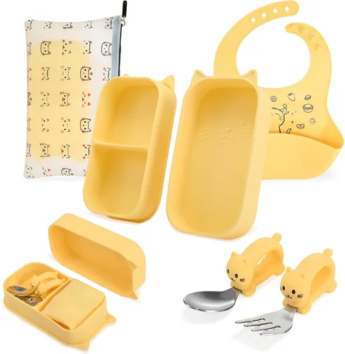 Miniatura 8 de Baby Travel Essentials - Juego de 6 platos para niños pequeños con succión, cuchara y tenedor de acero inoxidable 304, babero plegable de silicona