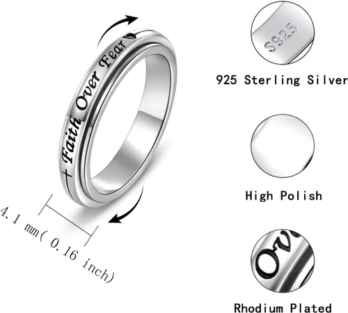 Miniatura 20 de 925 Sterling Silver Spinner Fidget Ring for Women: Musical Note Viking Rune Heartbeat Anxiety Stress Relieving Rotatable Ring Faith Hope Love