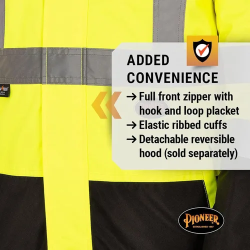 Miniatura 2 de Pioneer Hi Vis - Chaqueta impermeable de seguridad 2 en 1 para hombres y mujeres, se invierte a un acolchado negro, equipo impermeable reflectante