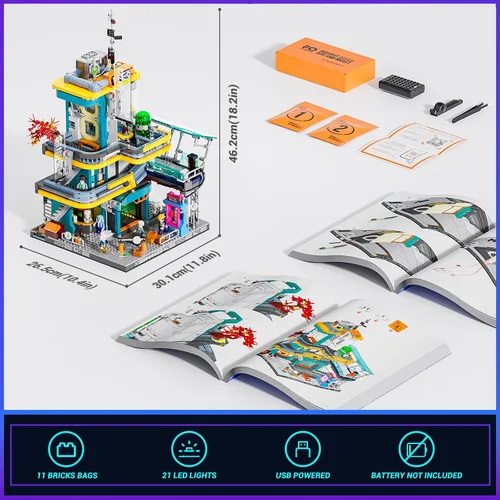 Miniatura 6 de FUNWHOLE Cyberpunk Mansion Lighting - Juego de ladrillos de construcción – 2524 piezas de edificios modulares de ciudad futura idea de exhibición