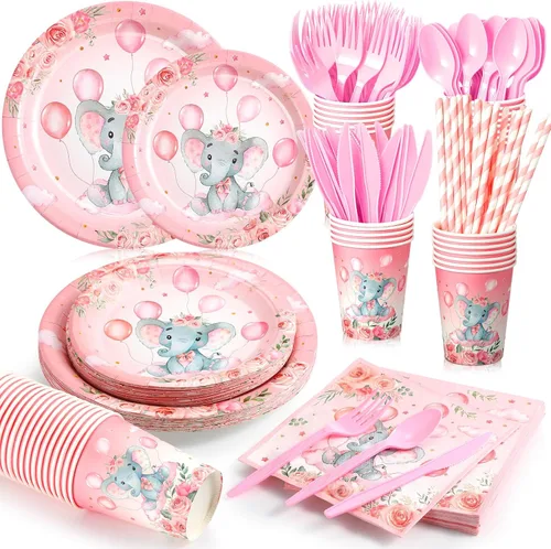 Miniatura 8 de Spakon Juego de 200 piezas de decoración de baby shower, platos de papel para fiesta de elefante, servilletas, tazas y vajilla, juego de vajilla Azul