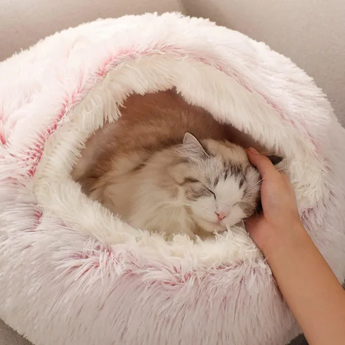 Miniatura 6 de SUOXU Cama antiansiedad para gatos, cueva de felpa con capucha, 20 pulgadas de diámetro, adecuada para mascotas pequeñas a medianas, color rosa