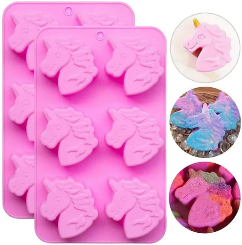Fewo 2 moldes de unicornio para cupcakes, 6 cavidades de cabeza de unicornio de silicona, molde para hornear pasteles de baño, bomba de jabón, molde