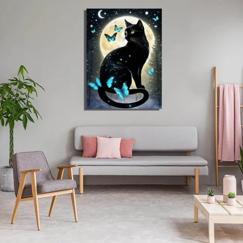 Miniatura 4 de Meothan Kits de Arte de Diamantes de Gato Negro 5D para Adultos Principiantes Kits de Pintura de Diamantes de Gato Luna para Adultos Pintura
