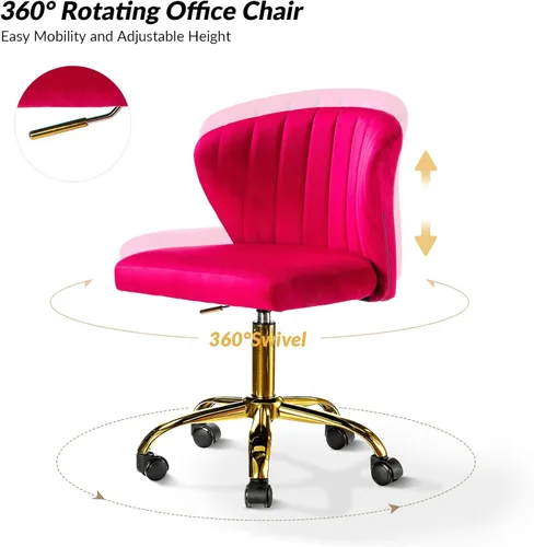 Miniatura 4 de HULALA HOME Silla de escritorio de oficina en casa con ruedas doradas, pequeña y linda silla de tocador con respaldo para dormitorio, silla de Fucsia