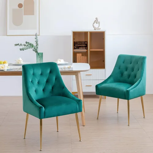 Miniatura 15 de Juego de 2 sillas de comedor modernas, sillas de mediados de siglo con cojines de 5.12 pulgadas y patas doradas, sillas de comedor tapizadas