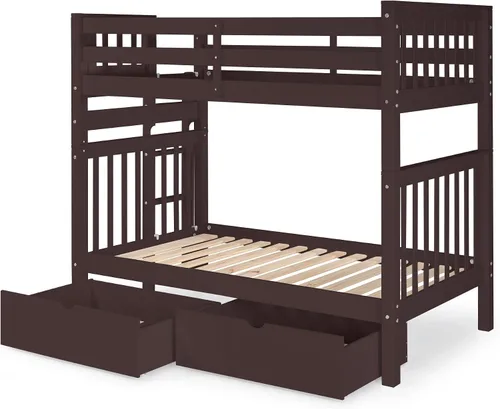 Miniatura 3 de Bedz King Literas altas de tamaño individual sobre individual, estilo Mission con escalera lateral y 2 cajones debajo de la cama, color cereza oscuro