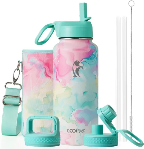 Miniatura 57 de Coolflask Botella de agua de 20 onzas aislada con pajilla, 3 tapas de metal de acero inoxidable, botella de agua de boca ancha para deportes u
