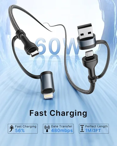 Miniatura 7 de Cable de carga 4 en 1, adaptador USB C Lightning USB C a USB C 60W PD [carga rápida y sincronización de datos] Cargador múltiple 4 en 1 para iPhone