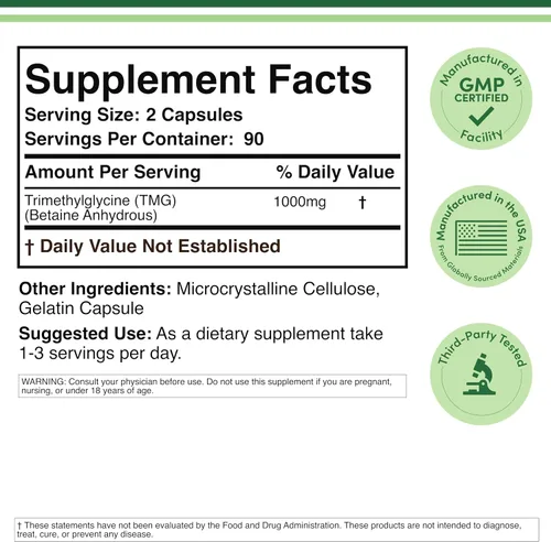 Miniatura 3 de Double Wood Supplements TMG Suplemento de trimetilglicina 1,000 mg por porción, 180 cápsulas (suplementos TMG para control de homocisteína) TMG