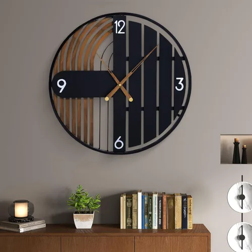Miniatura 9 de Reloj de pared moderno de mediados de siglo de 24 pulgadas, diseño de metal de marco redondo con centro de madera de nogal, movimiento de cuarzo F