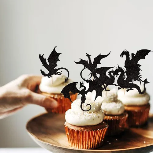 Miniatura 7 de Paquete de 24 adornos para cupcakes de dragón con purpurina de fantasía, para cumpleaños, temática de dragón volador, baby shower, fiesta