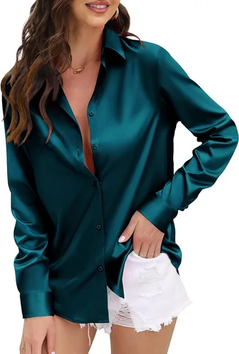 Miniatura 24 de CUNLIN Camisas de satén de seda suave con botones de leopardo para mujer, camisa de trabajo de manga larga de seda, blusas de vestir, tops